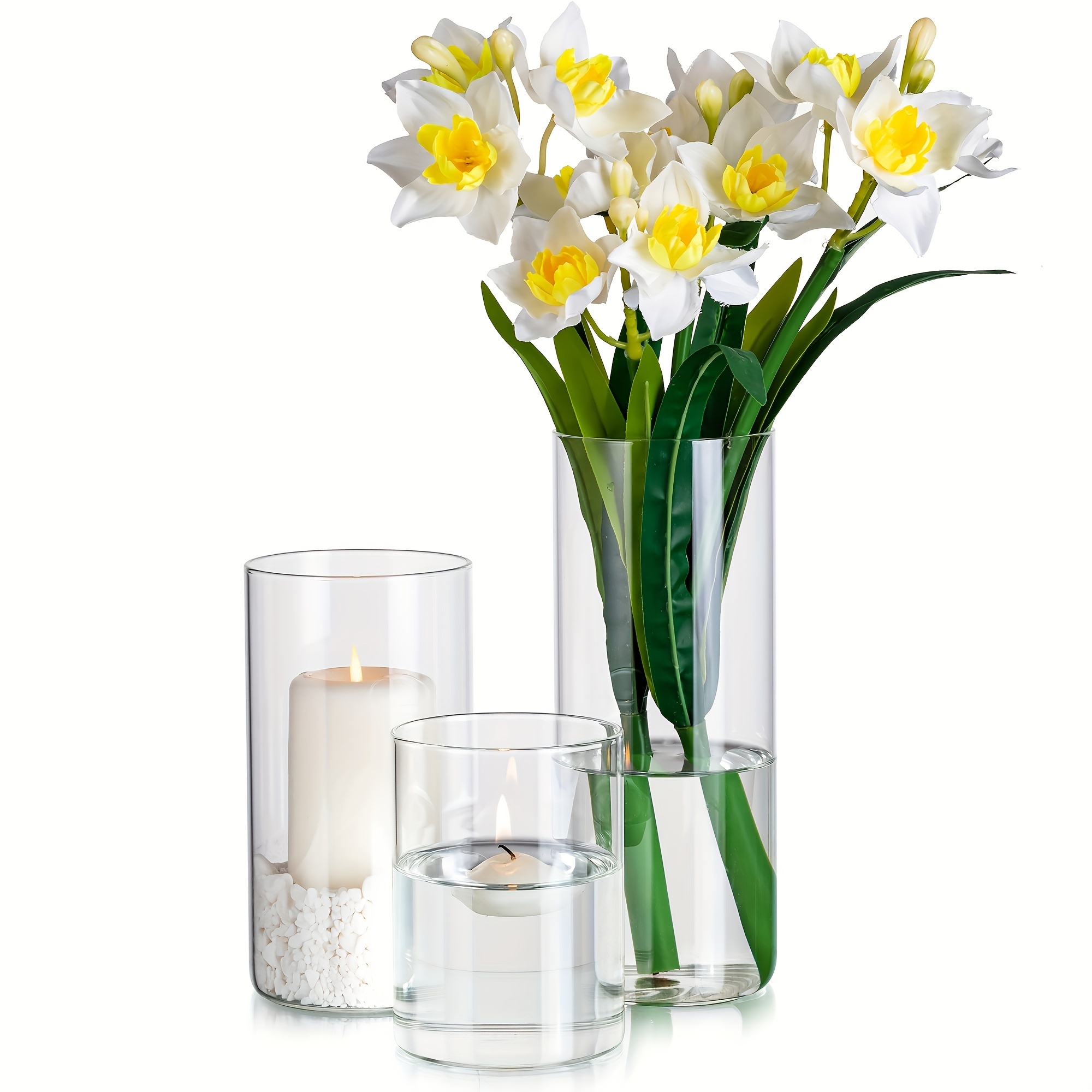 Bulk 3pcs Glass Cylinder Vase Set For Wedding Centerpieces 3.3" (5.5"+7.5"+9.5") Tall Clear Cylinder Vases In Bulk For Wedding