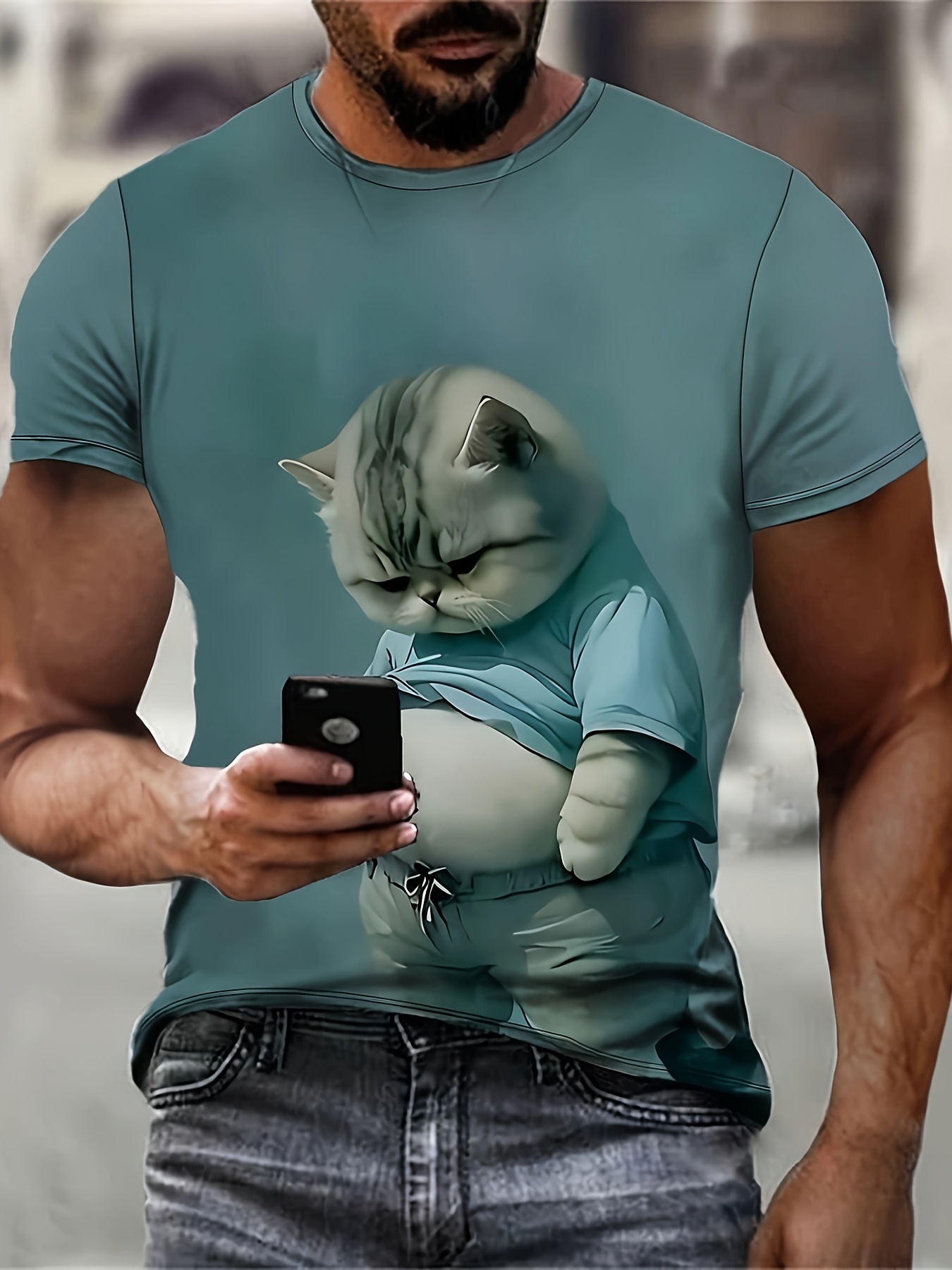 mens 3d print chubby kitten graphic t shirt light blue casual short sleeve crew neck summer top with adorable   soft polyester fabric   outdoor activities cute t shirts