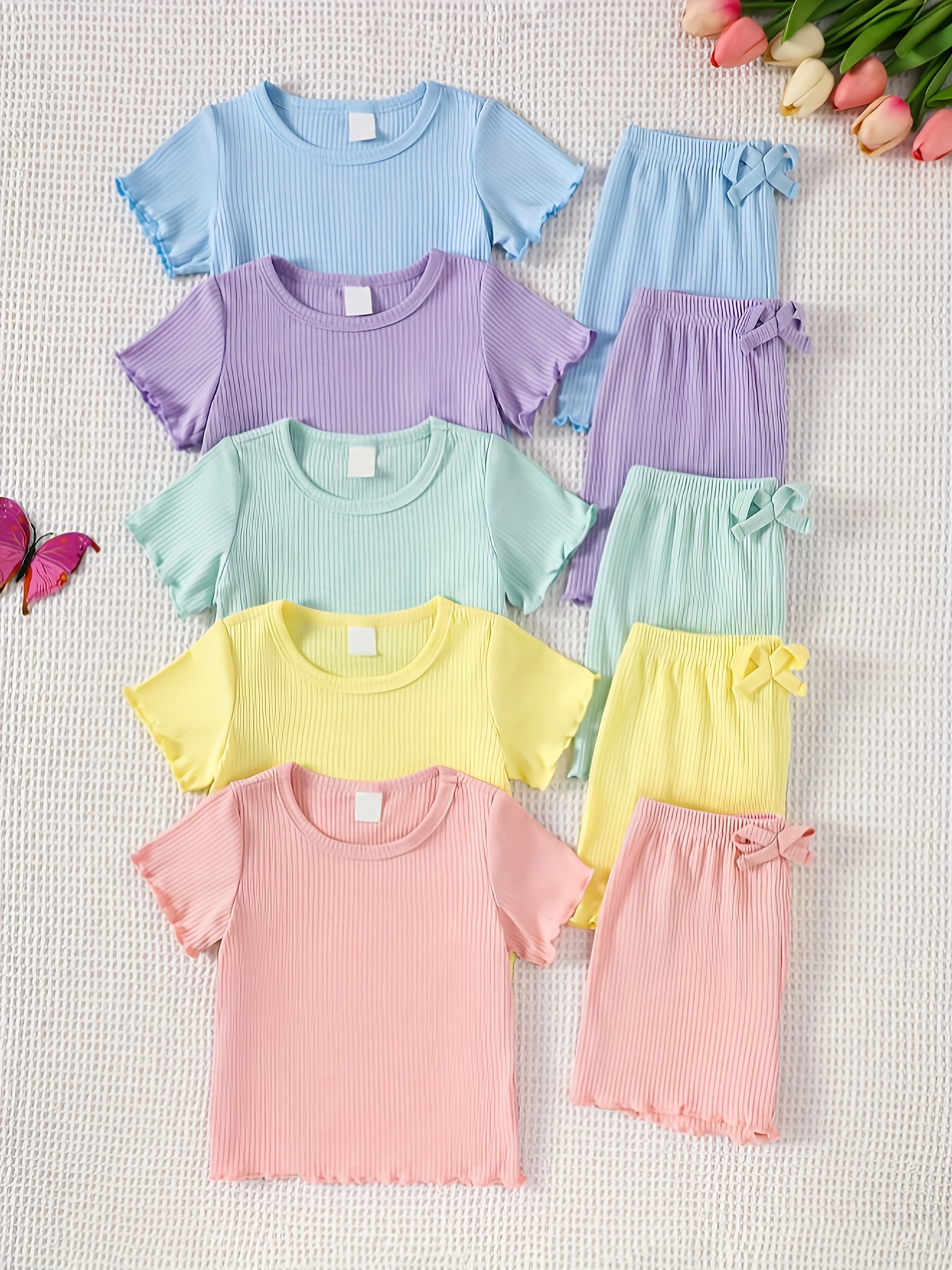 10pcs set of baby girls casual solid color knitted short sleeved   and elastic waist shorts for outdoor