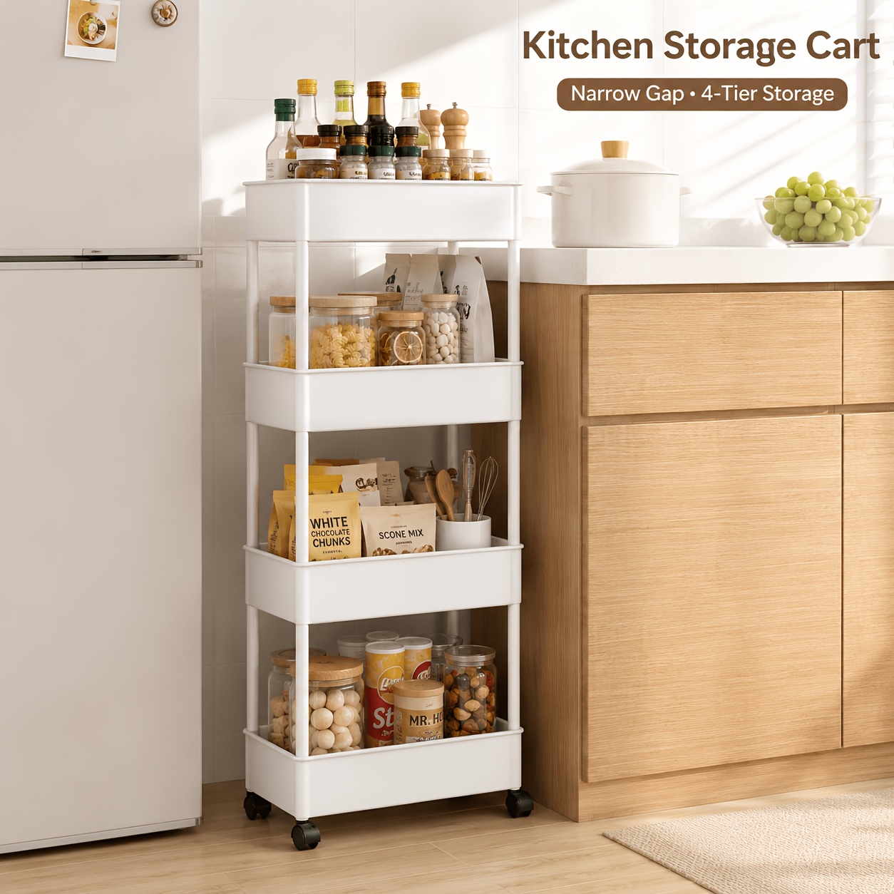 TEMU Chariot de Rangement de Cuisine Slim à 4 Niveaux avec Roulettes, Organisateur de Garde-Manger Étroit et Roulant, Étagère Utilitaire Encombrante
