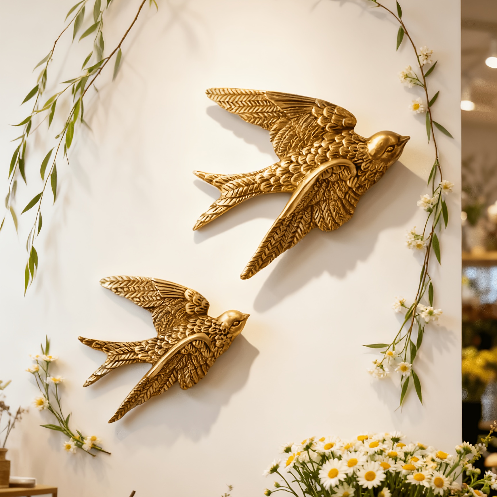 TEMU 2pcs Wall Sculptures Golden Resin Bird Wall Art - Flying Bird Wall Decoration, Vintage Light Luxury 3d Vintage Craft, Textured Resin Statue