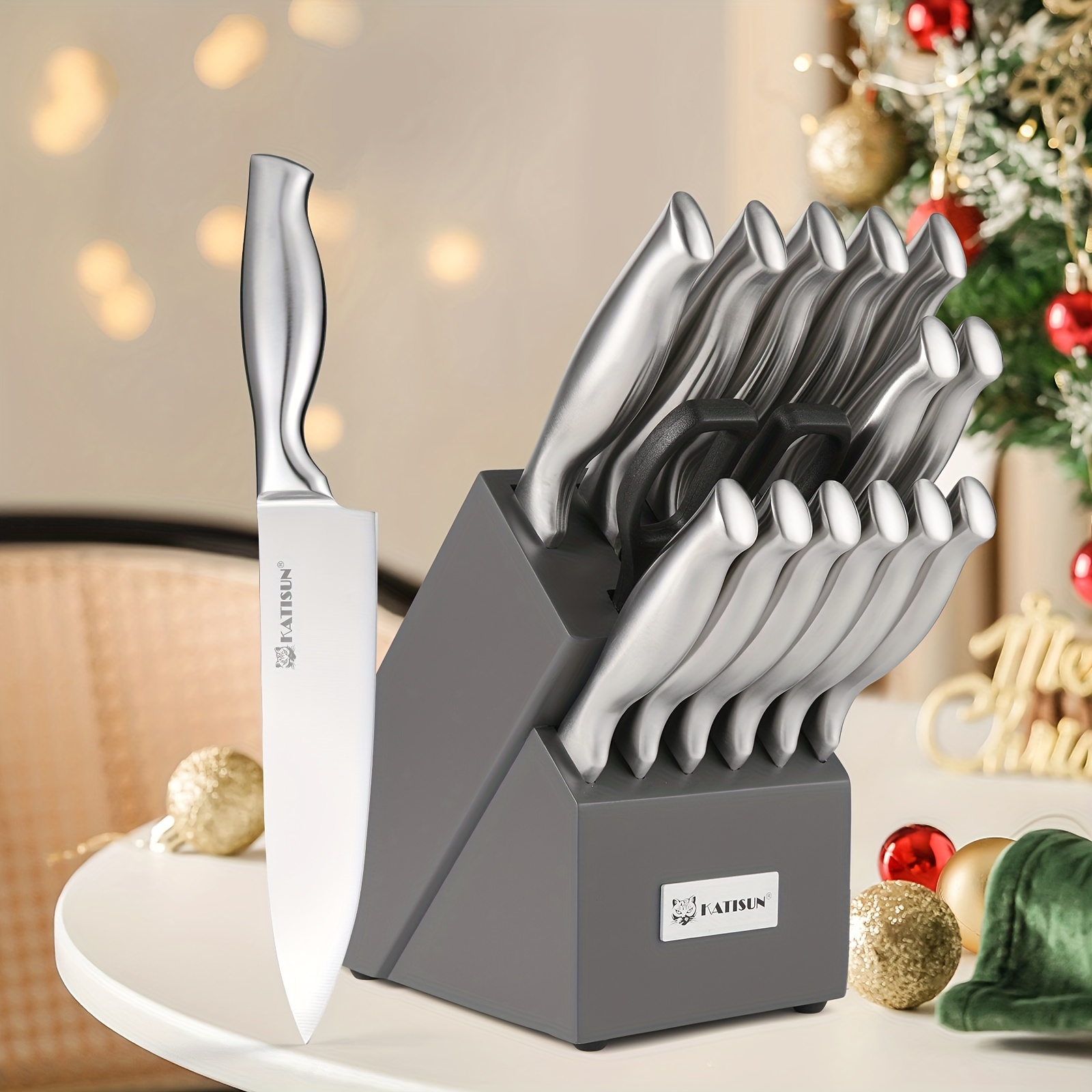 

15pcs/set, Professional Kitchen Knife Set, Stainless Steel Chef Knives With Wooden , Non-slip Hollow Handles & Multifunctional Shears, Kitchen Cutlery Set With , Gifts For Mom Or Dad