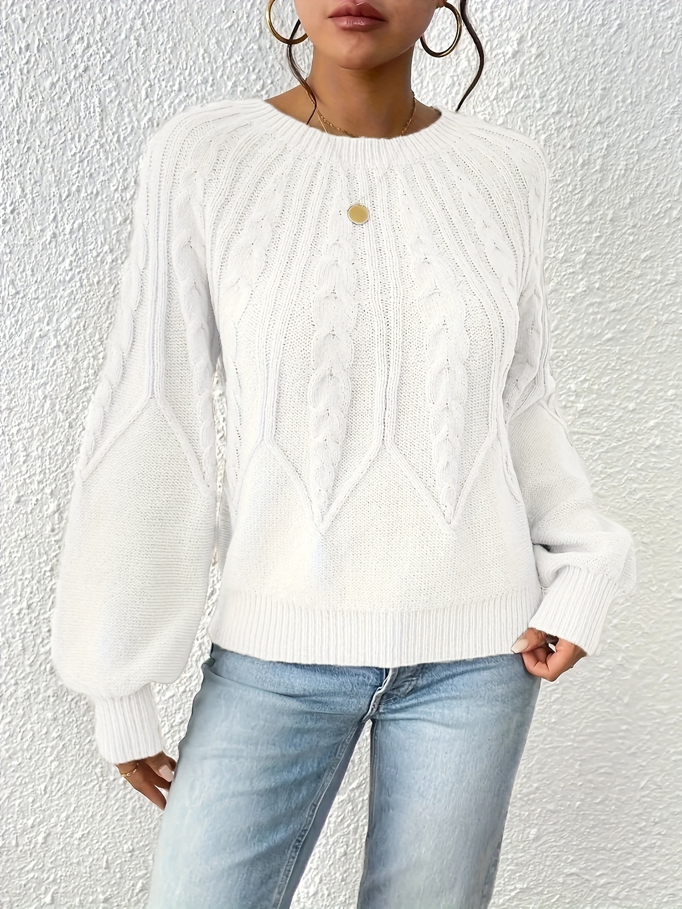 cable knit crew neck sweater elegant lantern sleeve knitted top for   womens clothing details 25