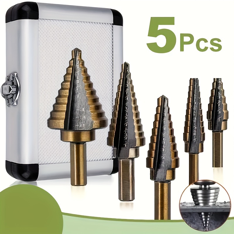 

5pcs Hss Cobalt Step Drill Bit Set With Aluminum Case, Multi-hole Metal And Wood Drilling Tools, Multiple Hole, Cone Drill