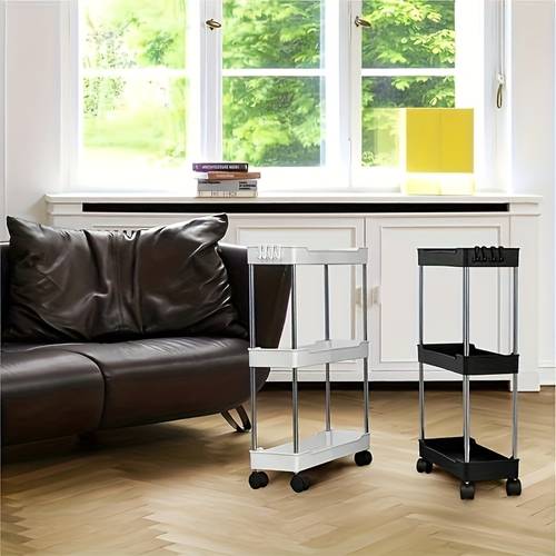 3 tier rolling storage cart with wheels black narrow rack with metal tubes vertical organizer for kitchen bathroom laundry room living room no mobile storage unit sleek storage cart compact desig