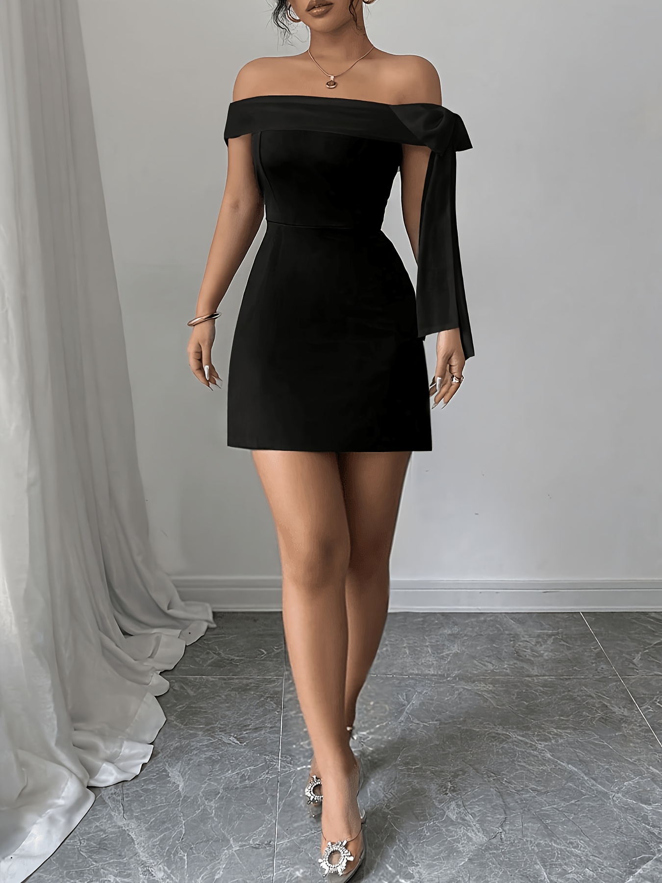 Elegant Off-Shoulder Long Black Dress for Women, Beautiful Women's Dress, Stylish Dress for Daily * and *