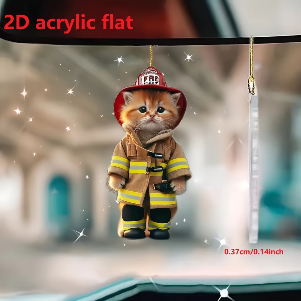 

2d Acrylic Cute Firefighter Cat Car Rearview Mirror Decoration Pendant, Home Decoration Hanging Ornament, Bag Keychain Decoration
