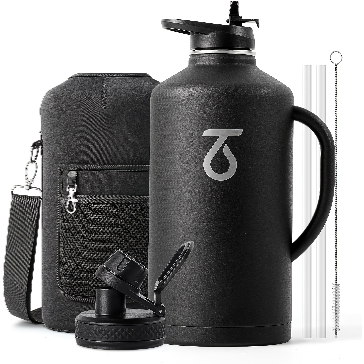 64Oz/128 Oz Water Bottle Insulated With Handle, One Gallon Stainless Steel  Metal Large Jug, Travel * With Straw Spout Lid, Mug Tumbler Cup With Carry  Pouch * Hot, Indigo Black