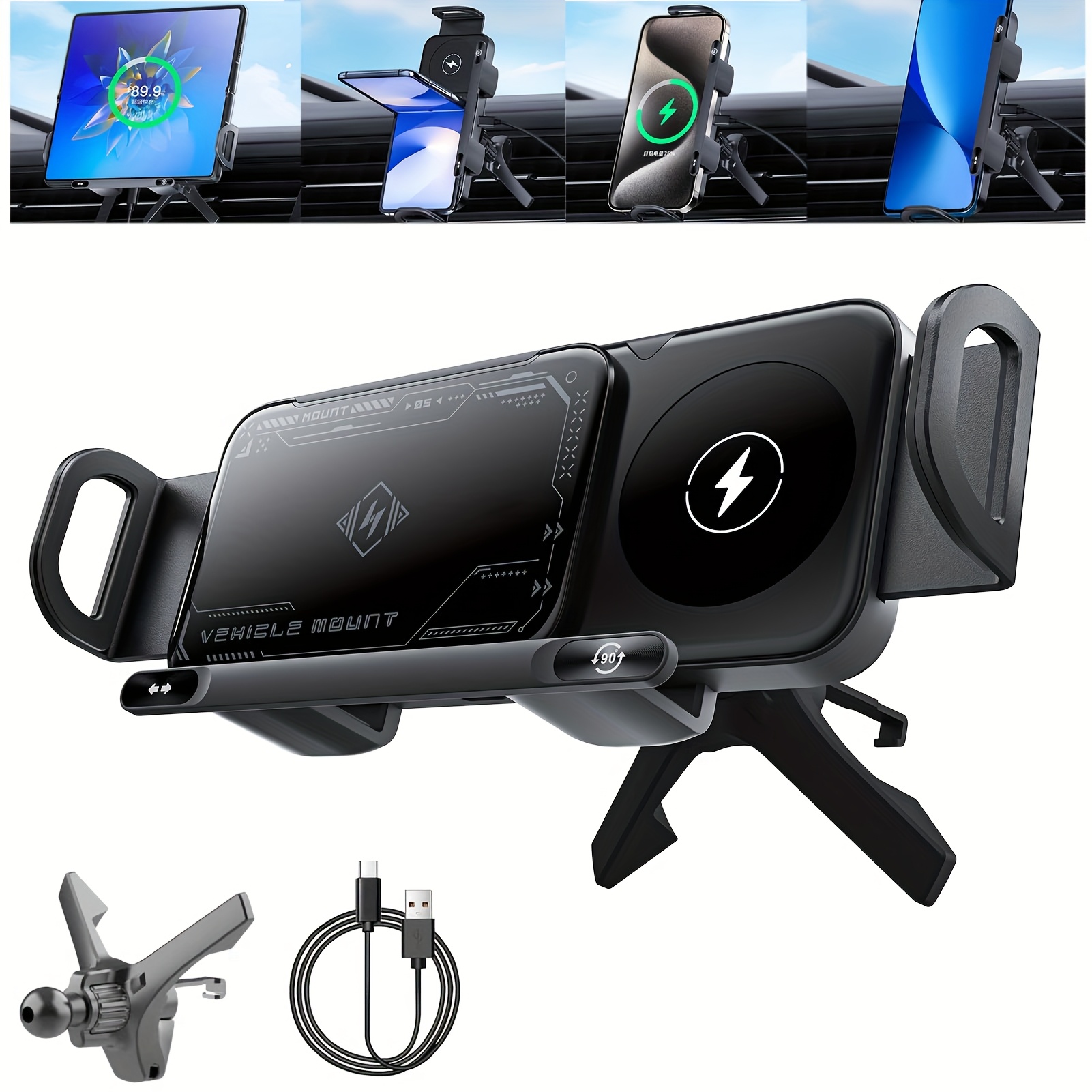 TEMU Hochintelligenter Handy-/Tablet-Halter, Magnetischer Halter für Smartphones Tablets, Drehbarer Telefonhalter mit kabellosem Schnellladegerät,