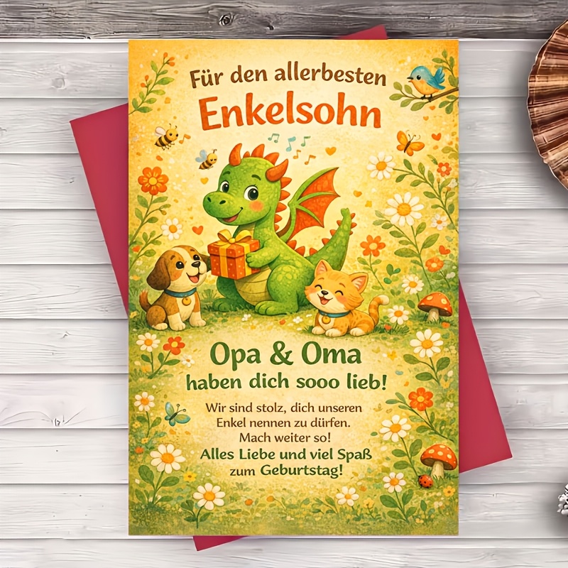 Image of 1 Envelope And 1 Greeting Card Cute Dragon Grandson Birthday Card From Grandma And Grandpa Floral Animals Theme For Birthday Celebration Flat Greeting Card Gift