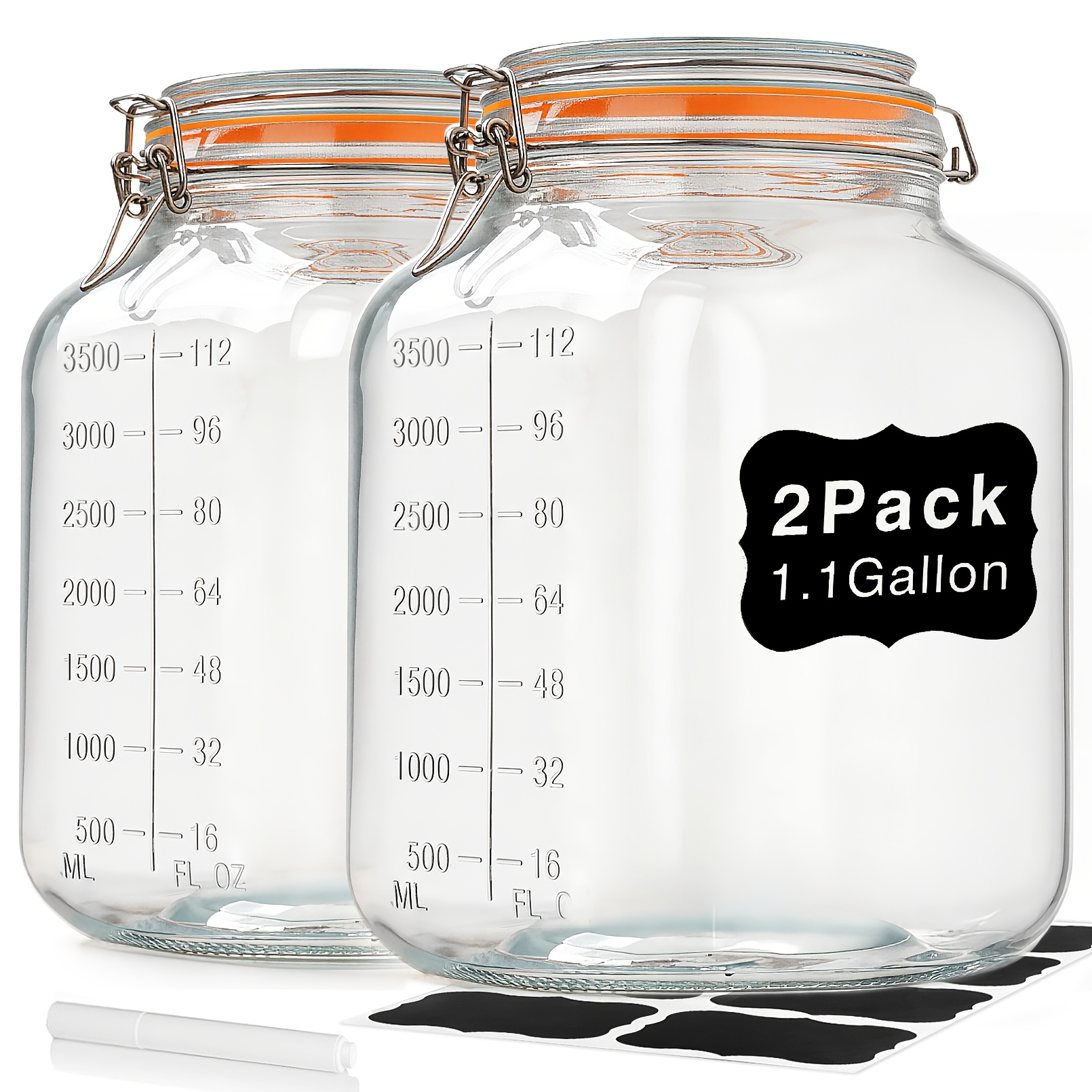 2 Pack 1.1 Gallon Square Mouth Airtight Glass Storage Jars With Lids, Glass Container With Measurement Marks, Canning Jars With Leak-proof Lid For Kitchen