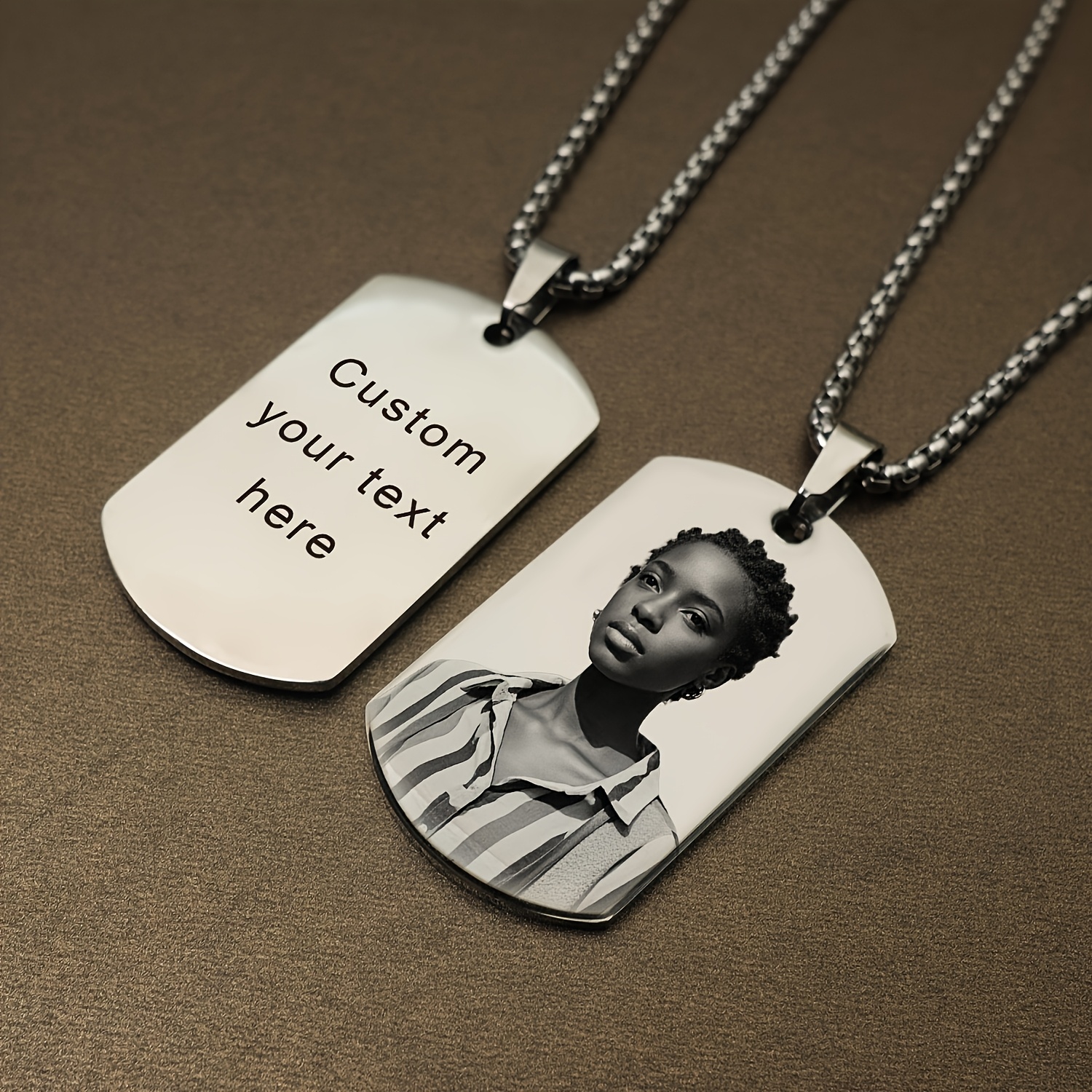 Image of Custom Photo Dog Tag Pendant Necklace Personalized Engraved Text Gift For Lovers Fashion Style Unisex Ideal For Mother's Day And Father's Day