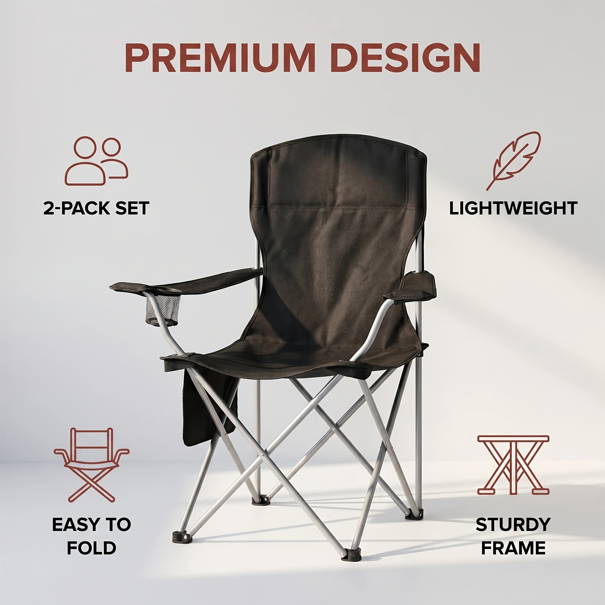 Foldable Camping Chairs, 2-Pack with Armrests and Cup Holder