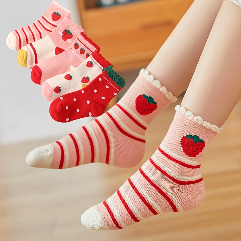 Image of 5pairs Girls' Strawberry Socks - Cute Fruit With Strawberry, Soft Mid-calf Socks Suitable For, & Casual Attire - Comfortable Socks (hand Wash Only),fall And Winter Clothes