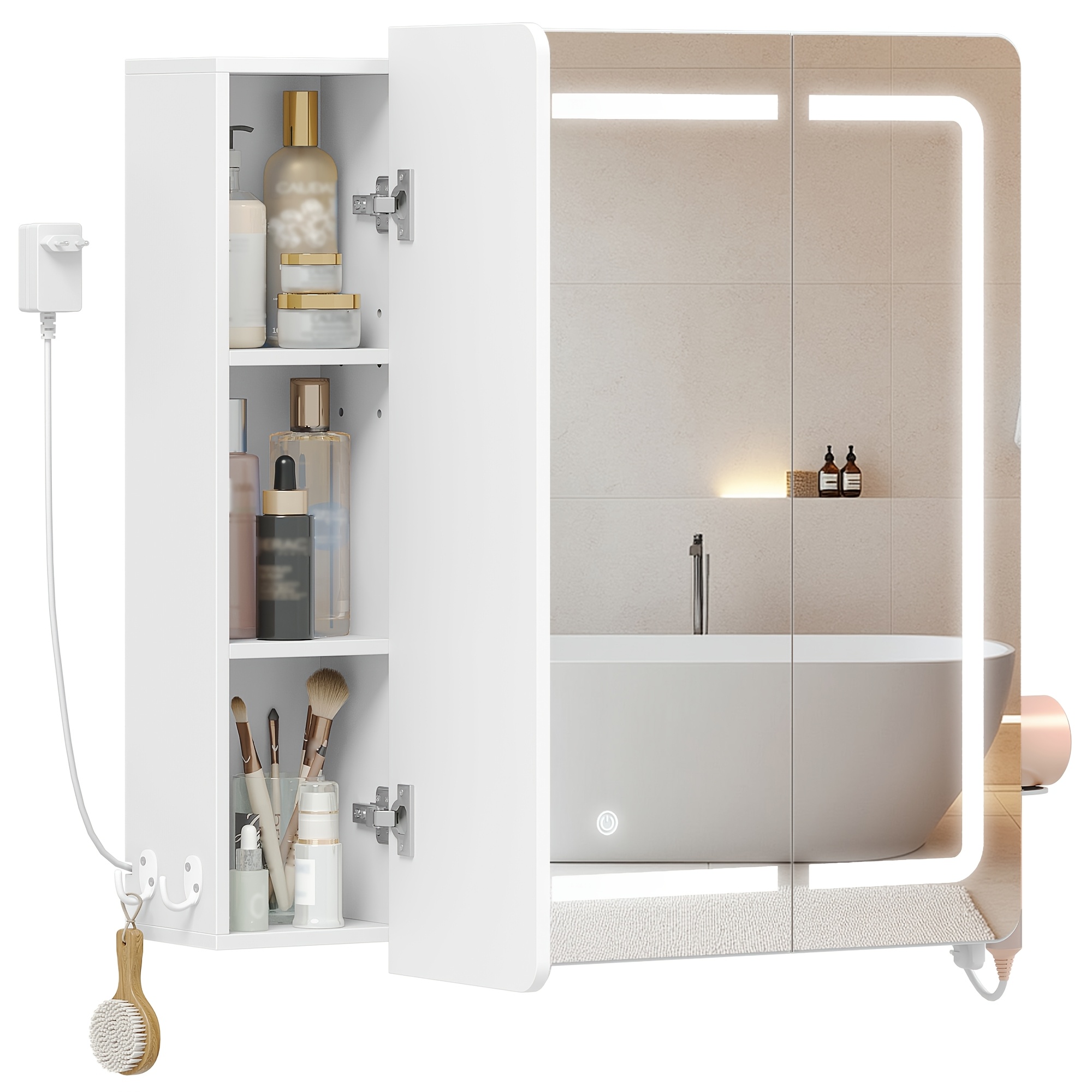 Modern Wall-mounted Medicine Cabinet With Lighting & Mirror Suitable For Bathroom, Adjustable Shelves & 3-tier Color Temperature Lighting, Wood, Door Mirror, Space- (white)
