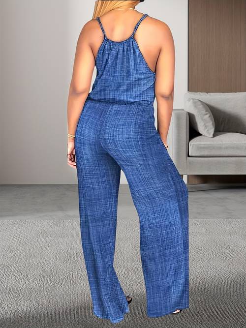 Print Off-Shoulder Sleeveless Jumpsuit with Pockets - Women s Regular Fit Straight Leg Non-Stretch Casual Attire, Machine Washable for Spring Summer Fall, Summer Fashion, Relaxed
