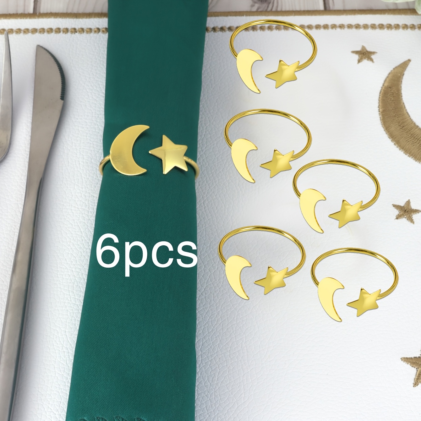 TEMU 6pcs Anneaux de serviette Étoile et Lune Dorée | Convient pour la décoration de table de fête de Ramadan (Aïd al-Fitr), porte-serviettes de