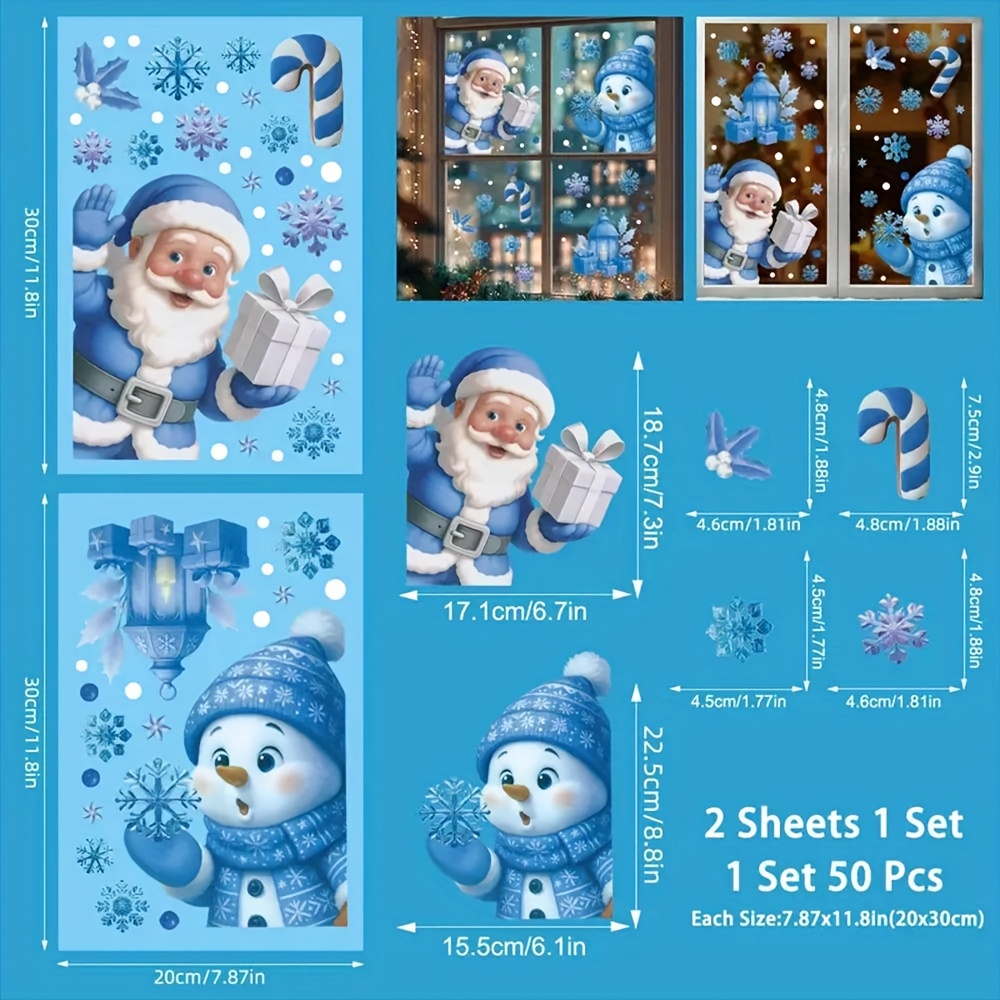 TEMU A Set Of 50 Blue Glittering Christmas Window Decals Made From Static Cling Pvc. Reusable Stickers Feature Winter Themes Like Snowmen, Santa