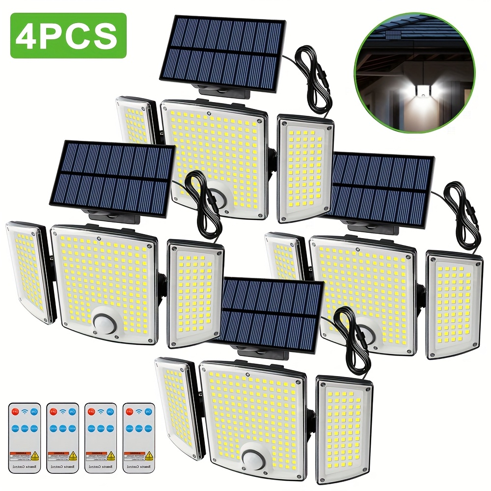 TEMU 2/4pcs Luces Solares de Pared con Sensor de Movimiento y Control Remoto, 278LED de Iluminación, de 3 Cabezas, Iluminación de Ángulo de 180°, Sin