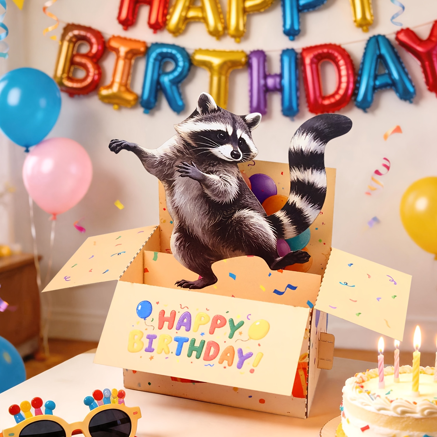 TEMU 1 pièce Carte d'anniversaire 3D pop-up raton laveur dansant amusant, Carte de vœux raton laveur pour cadeau d'anniversaire, Carte boîte pop-up