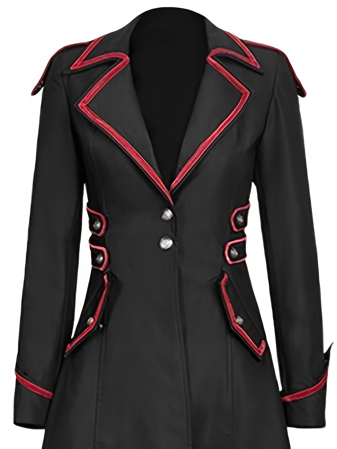 Black Steampunk Retro Women's Tailcoat with Red Trim - Button-Up Gothic Coat with Flared Sleeves, High-Low Hemline & Belted Waist - Perfect for Halloween, Cosplay & Casual Wear, Structured Fabric Design, Goth Accessories