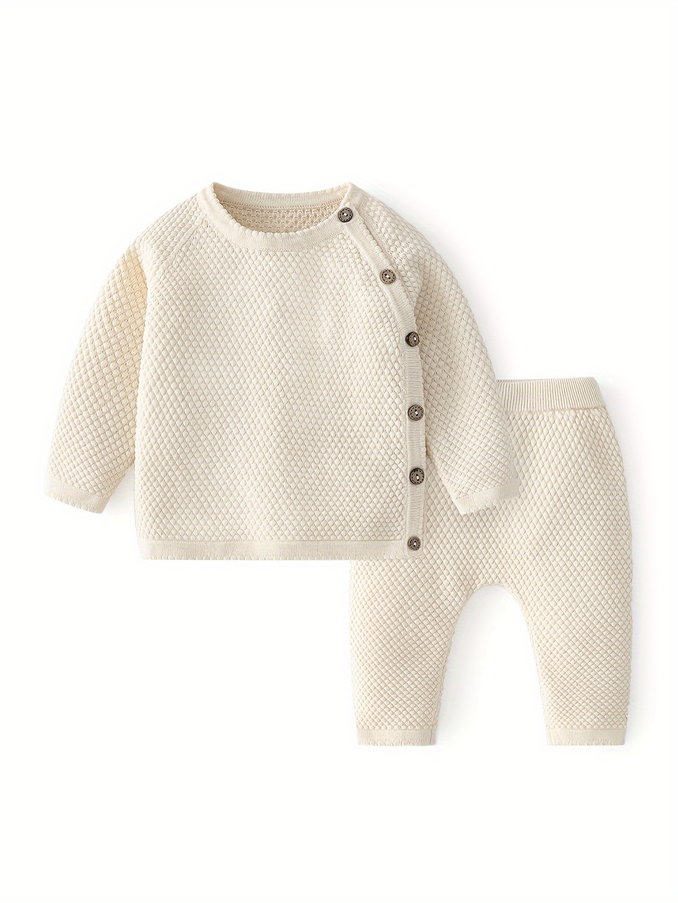 Solid Color Cotton Newborn Knit Sweater Set with Pants, 2pcs Set, Perfect for Outdoor