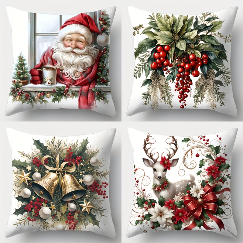 TEMU 4 Red And Green Christmas-themed Printed Pillowcases, Designed With Santa Claus, Reindeer, Christmas Floral Tree, And Bell Patterns. Decorative