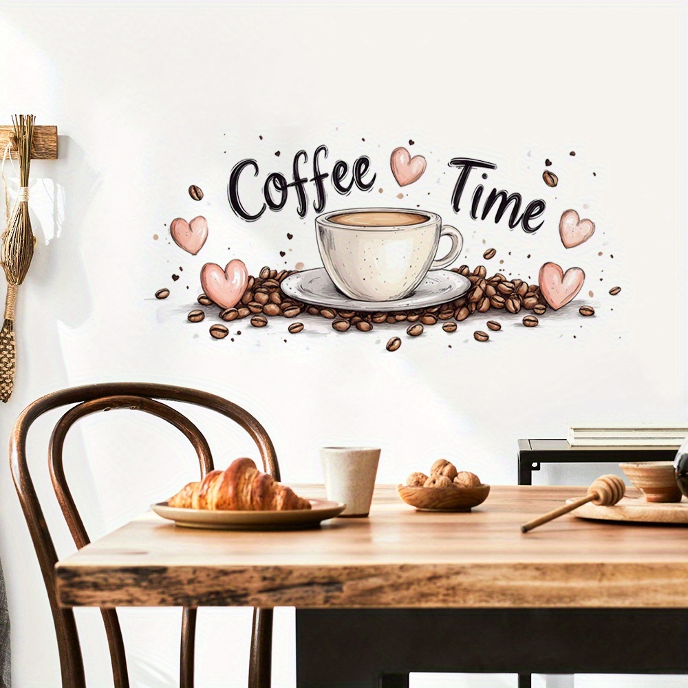 Coffee Cup Wall Decals - Self-Adhesive Coffee Beans & Hearts