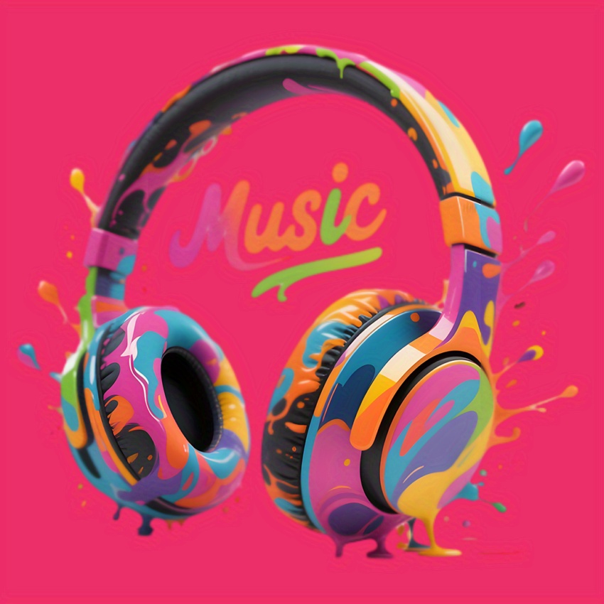 TEMU 1pc Vibrant Music-themed Headphones Sticker, 10-inch Washable Polyurethane Decal For Clothing, Swimwear, T-shirts, Hoodies, Cushions, Backpacks,