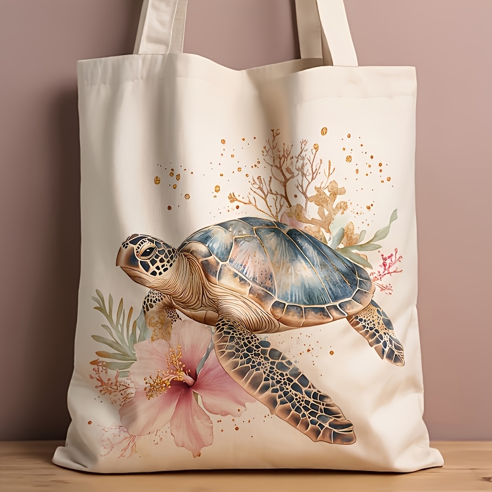 TEMU 1pc, Watercolor Sea Turtle Tote Bag, & Coral Print With Golden Accents, Lightweight Everyday Shoulder Bag For Beach & Summer Style