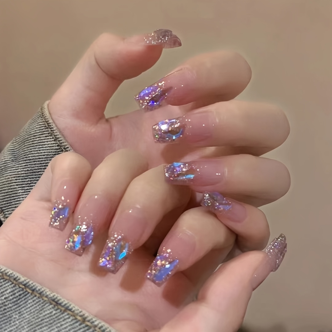 TEMU 24pcs Handmade Nail - Long False Nails With Star & Design, Iridescent Shimmer & Glitter Mix Colors For Parties, Weddings, , Nail Accessories