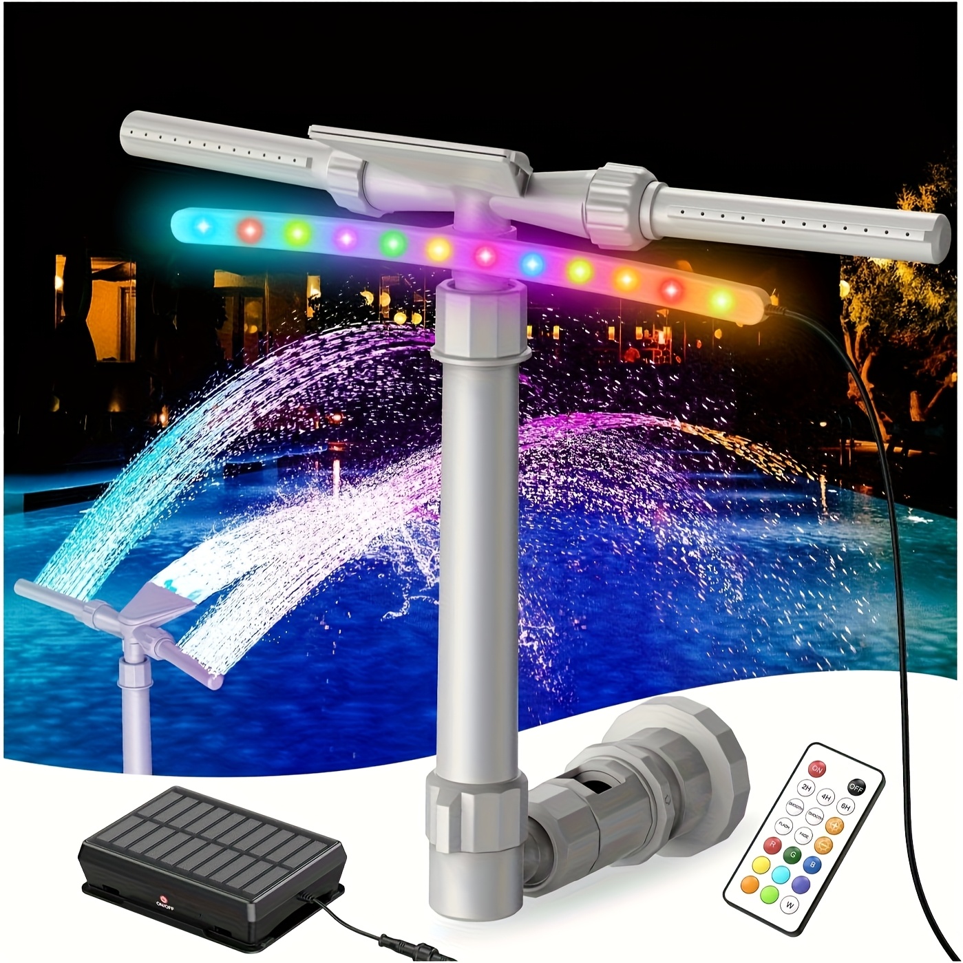 TEMU Solar-powered Pool Fountain With 9-color Led Lights Adjustable Water Sprinkler For Above Ground Pools Built-in 2000mah Battery