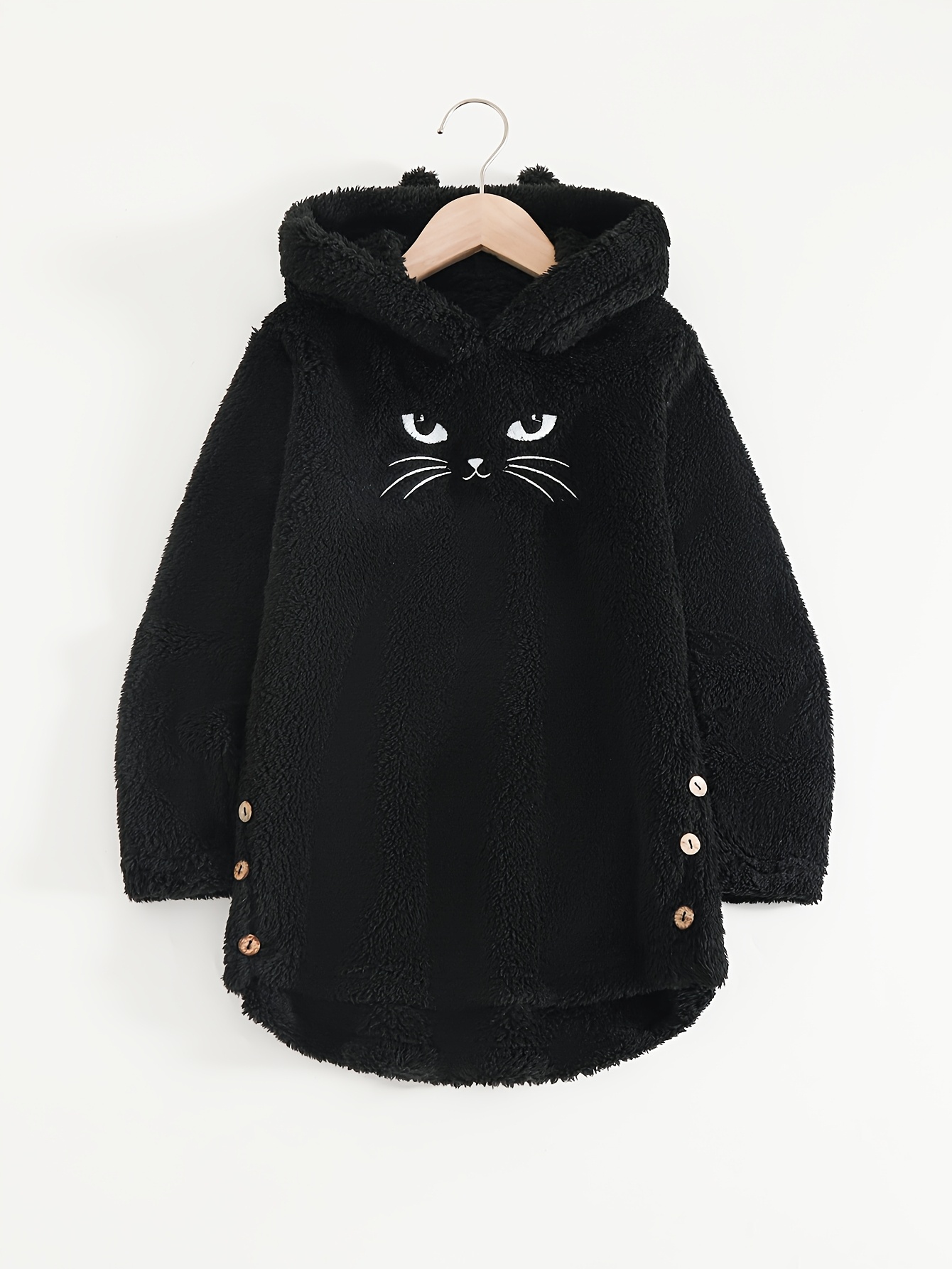 Girls' Hooded Standalone Jacket with Black Cat Pattern