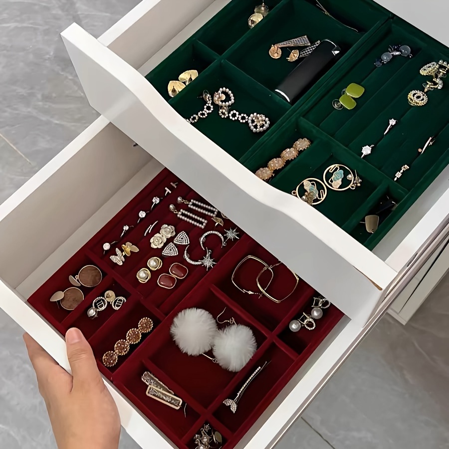 

Polyester Jewelry Organizer Tray With Velvet , 1-4pcs Set, Elegant Green, Drawer Insert For Rings, Earrings, Necklaces Display And Storage