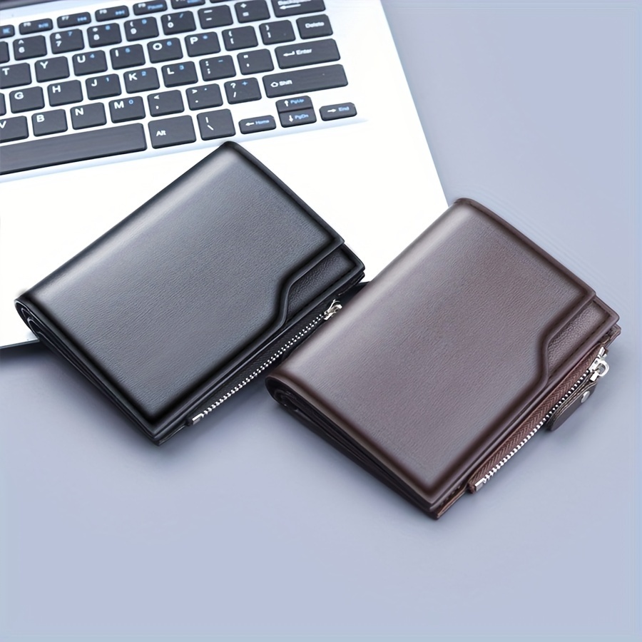 

Men's Short Business Wallet Pu Leather Solid Color Multi-function With Coin Pocket And 13 Card Slots Tri-fold Zippered Clutch