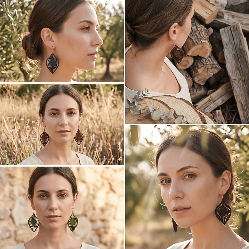 5pc Retro Leaf-Shaped Hollow Carved Wooden Earrings Set