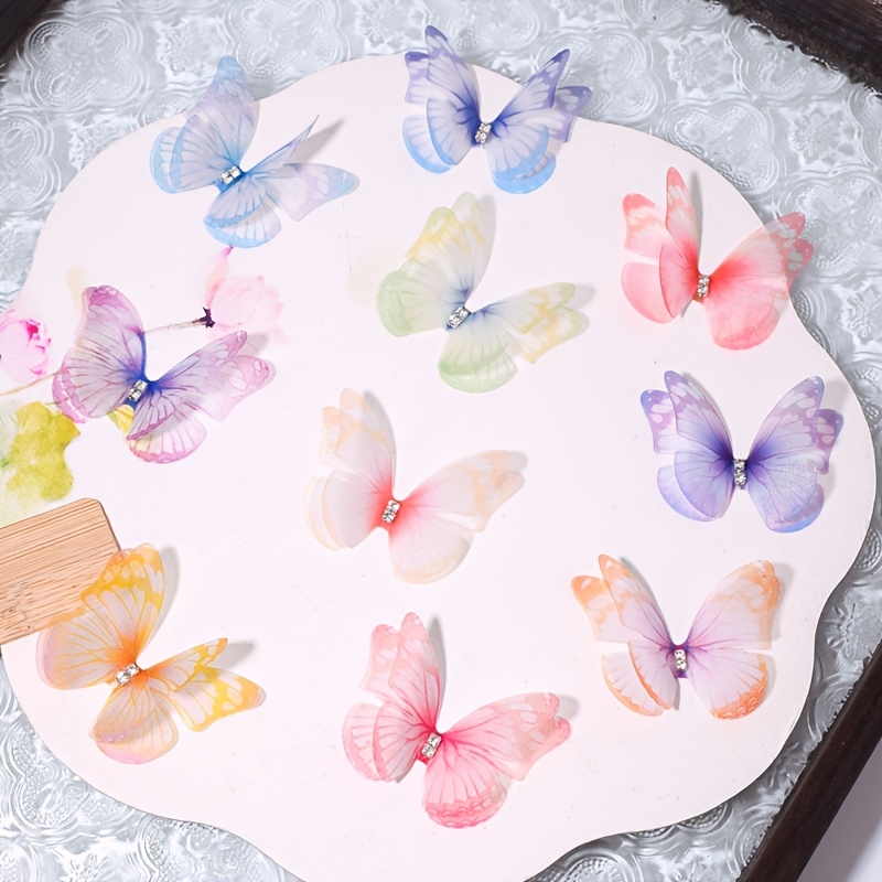 TEMU 50pcs Mini Papillons 3D Décorations Faites Main, Décorations Papillon Chiffon Double Couche Colorées, Appliques de Pinces à Cheveux Papillon