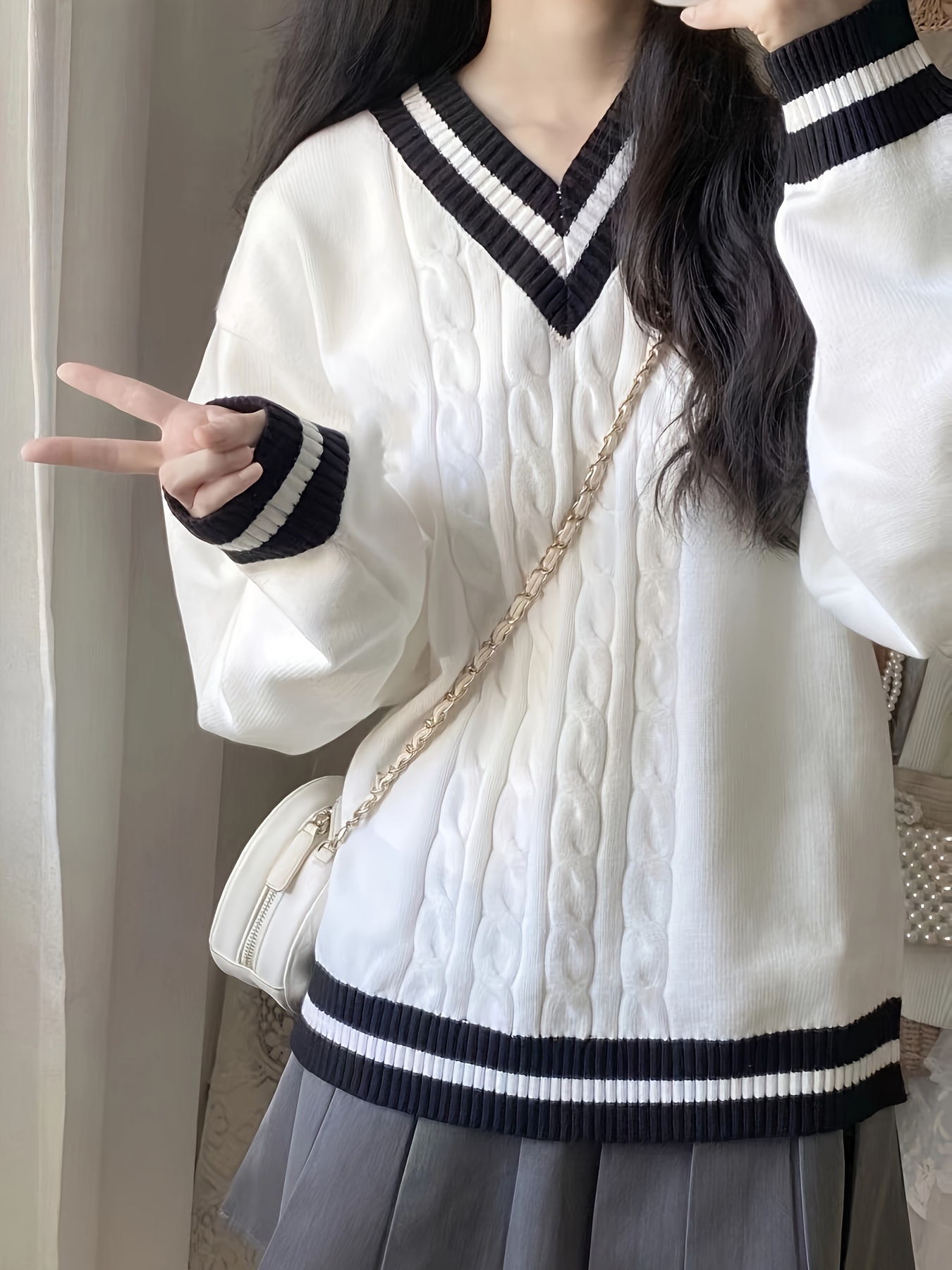 Women's Navy White Striped V-Neck Cable- Sweater Loose Fit Academic  Chic Pullover for Fall Winter, Casual to Semi-Formal Layering Essential,  Cute