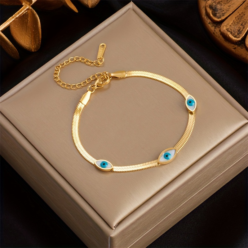 

18k Golden Plated Stainless Steel Bracelet With Vintage Boho Style, Resin Blue Evil Eye Charms, Minimalist Retro Design For Daily And Party Wear