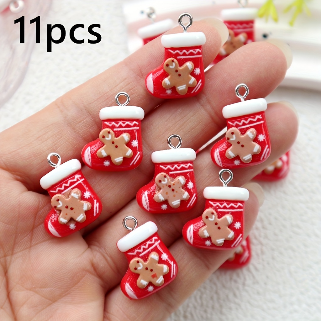 Image of 2d Flat - 11 Gingerbread Man Patterned Stockings Pendants - Resin Flat Back Jewelry, Perfect For Crafting, Holiday Decorations, And Additions For Bracelets And Handbags