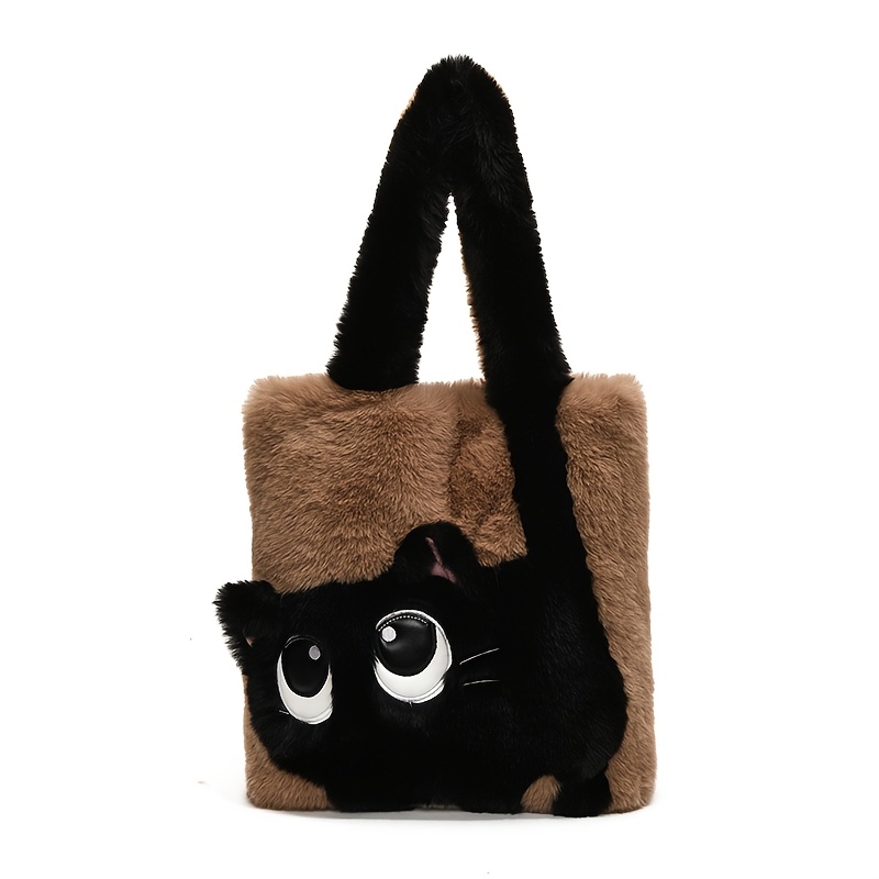 Whimsical Plush Cat Tote Bag - Large Capacity Color Block Shoulder Bag With Embroidery, Cute Cartoon Animal Purse For Women