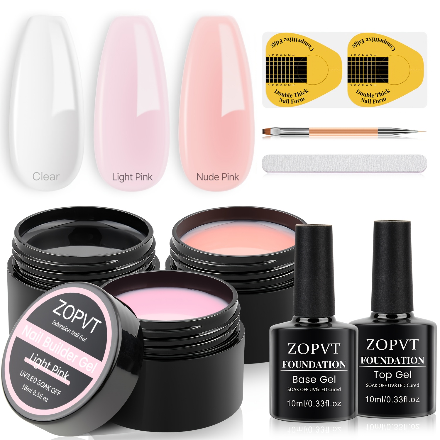 Zopvt Professional Nail Extension Gel Kit - 3-color Hard Gel Suitable For Nail Building, /led, Transparent Nude Pink With Base & , Compatible For - Nail For Beginners, Diy Nail