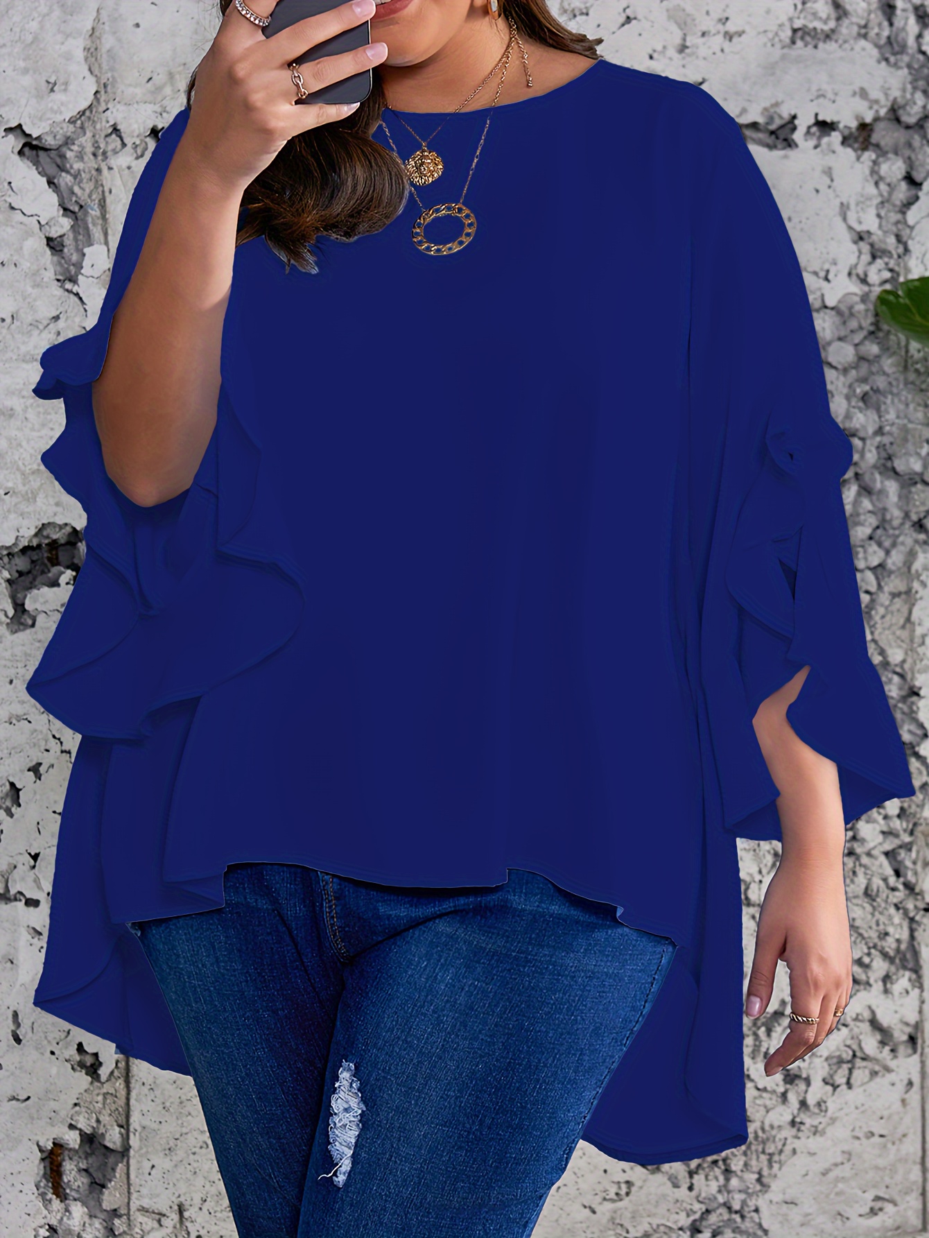 Plus Size Solid Ruffle Sleeve Blouse, Casual Crew Neck Irregular Hem Blouse For Spring, Women's Plus Size?Clothing