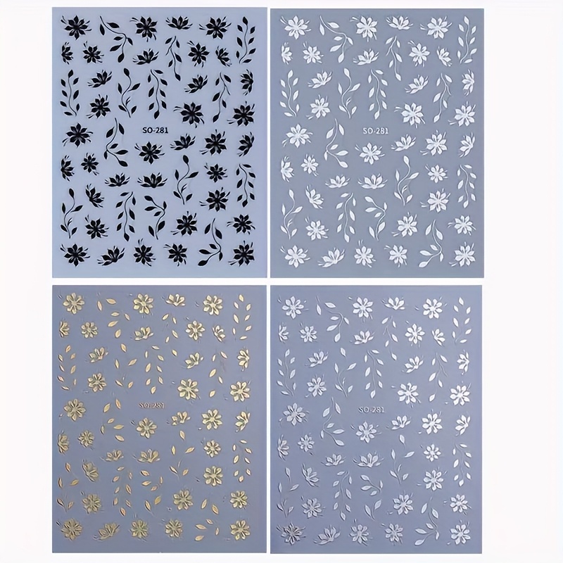 Image of 4 Sheets Of Floral Nail Stickers, Self-adhesive Nail Decals With Flower And Leaf Patterns, Diy Nail Art Decorations, Nail Art Supplies For Women And