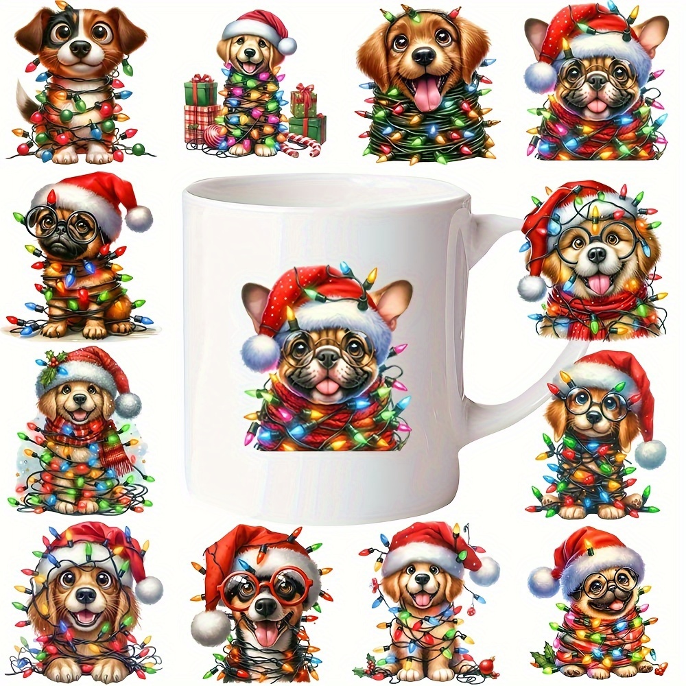 

12-pack Christmas Dog Themed Decorative Stickers For Glass Bottles And Coffee Mugs, Diy Transfer Decals In Vinyl For Festive Crafts And Mug Adornment