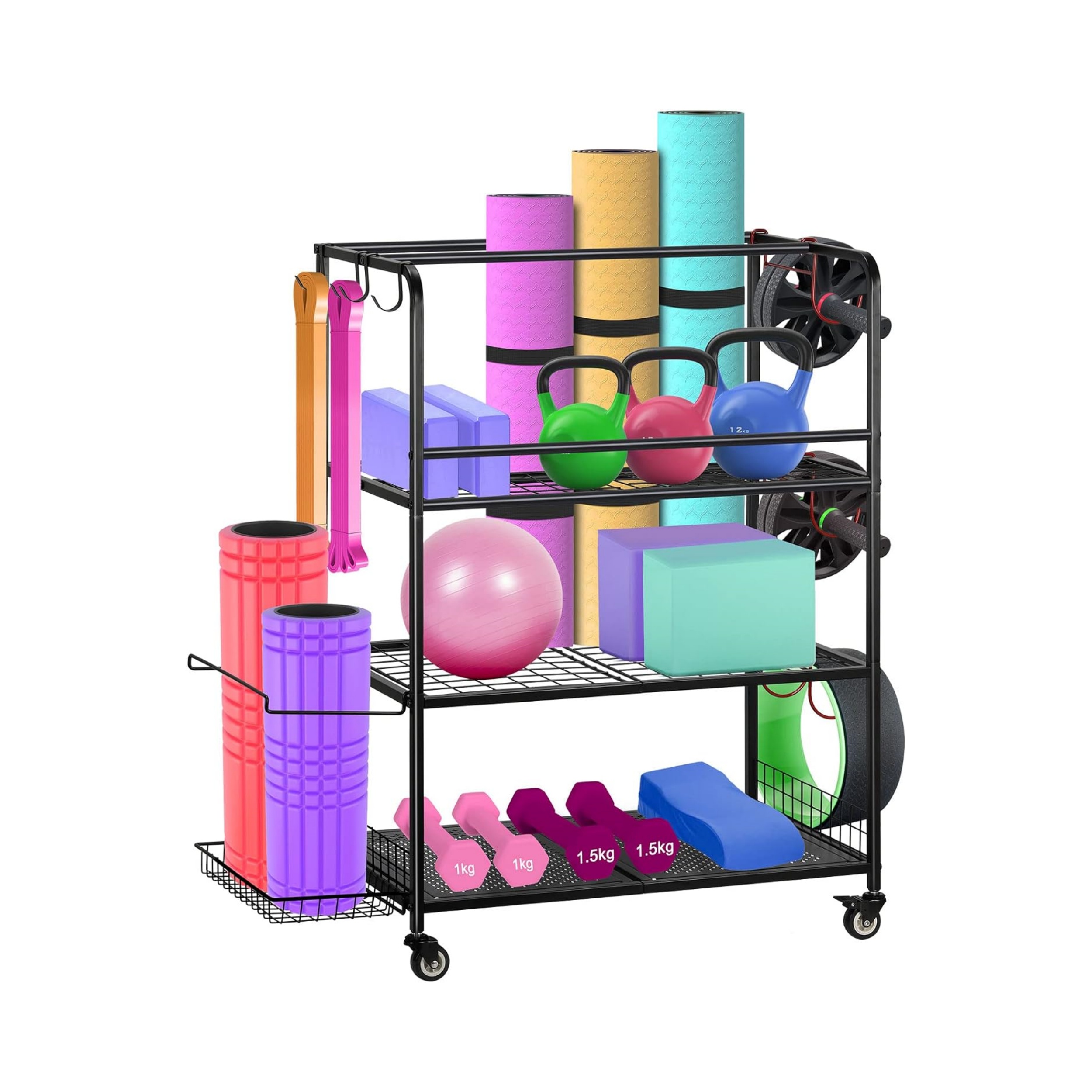 Floor Standing Yoga Mat Holder Storage Cart Gym Organizer Basket for Foam  Roller/Yoga Block/Resistance Bands, with Wheels & Handle (Color : Black