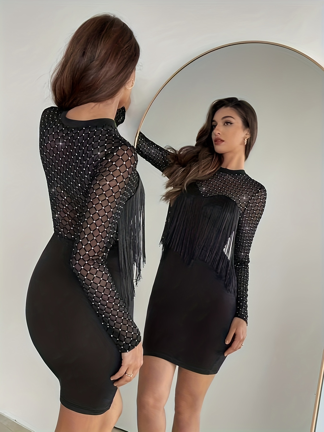 black fringe bodycon dress womens mesh long sleeve mini silhouette: A-Line Tiana { Brown Dress Pant Waist Size (Inches):44 designed to turn heads