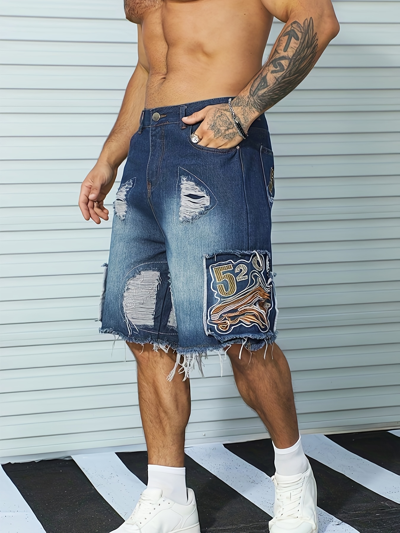 mens chic embroidery design cotton blend ripped loose fit Temu