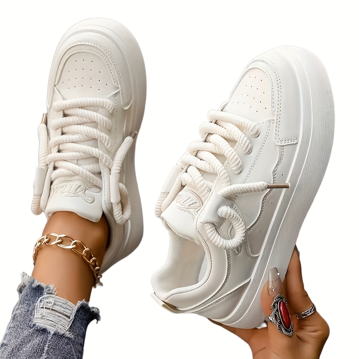 Women's Solid Color Casual Sneakers, Lace Up Platform Shoes