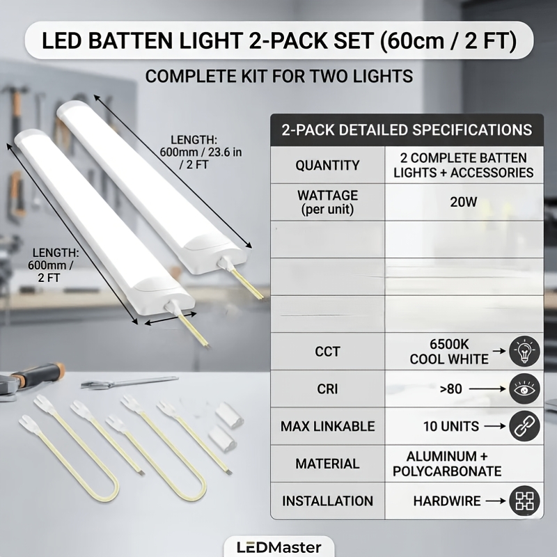 2pcs 2ft Led Tube Light 20w 6500k Cold White, Led Batten Light For Garage Workshop Kitchen, Slim Ceiling Light 3200lm